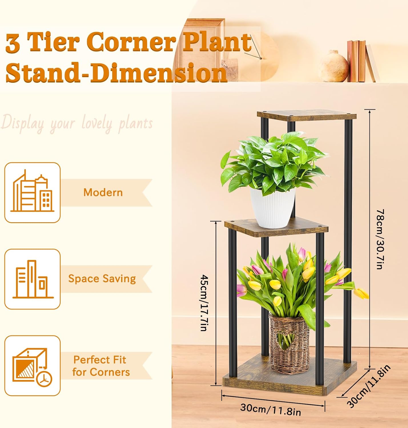 Plant Stand Indoor, Oppro 3 Tier Corner Metal Wood Flower Pot Holder Shelf | Multiple Display Rack Square Table for
