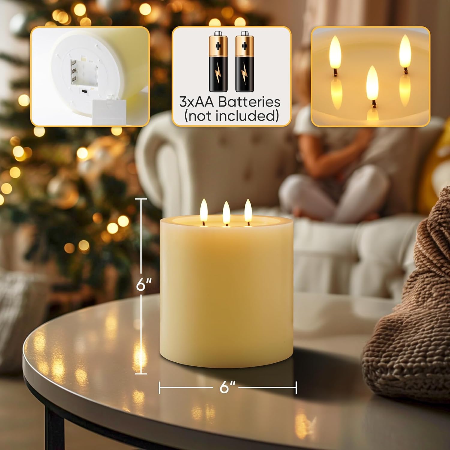 Amagic 3 Wick Extra Large Flameless Pillar Candles with Timer Remote, Ivory | 6"x6" Real Wax Battery Operated LED