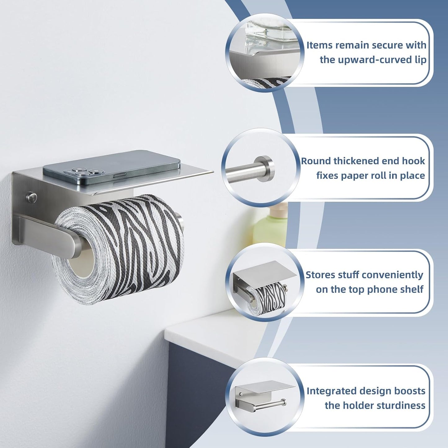 APLusee Toiler Paper Holder with Phone Shelf, Brushed Nickel, Wall Mounted | 304 Stainless Steel, Rust-resistant Tissue