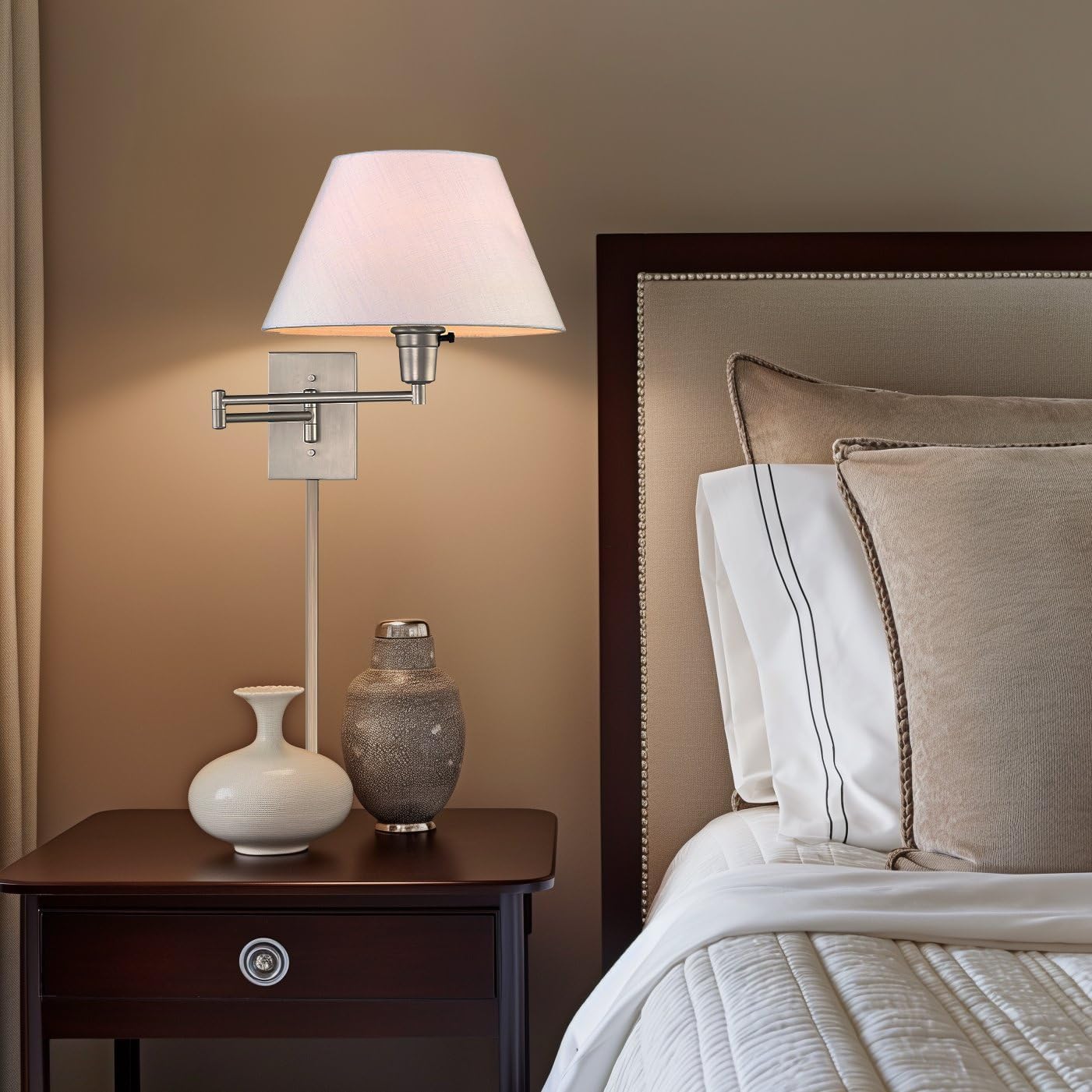 Kira Home Cambridge 15" Modern Swing Arm Wall Sconce with 3-Way Switch | White Empire Fabric Shade, 2-in-1 Plug In or