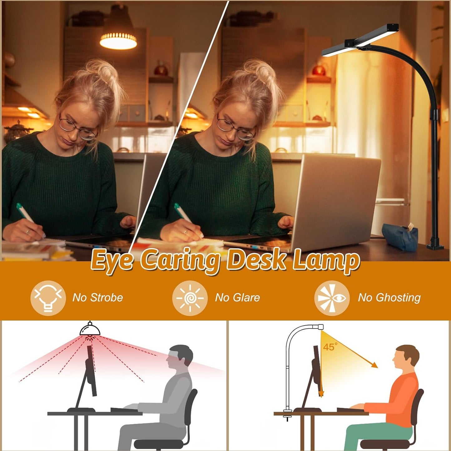 LED Desk Lamp with Clamp, Dual Head Monitor Light, Remote | 24W Dimmable Eye-Caring Task Lamp with Timer, Anti-Glare