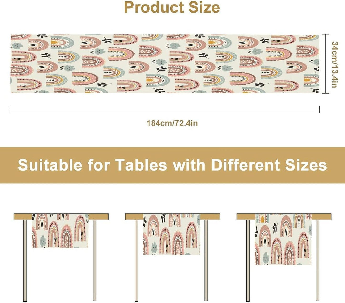 Boho Rainbow Table Runner Abstract Cute Cartoon Star and Leaf Pattern Printed Linen Table Runner for Home Kitchen