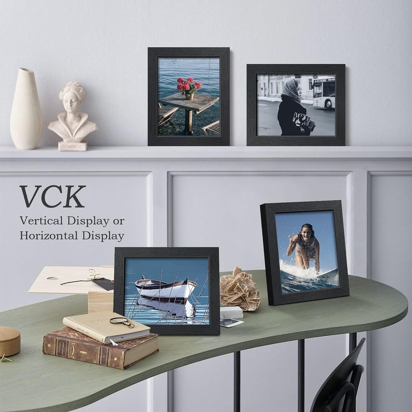 VCK 8x10 Picture Frame Set of 4, Black Wooden Photo Frames with Plexiglass, Vertical Horizontal Wall & Tabletop Display