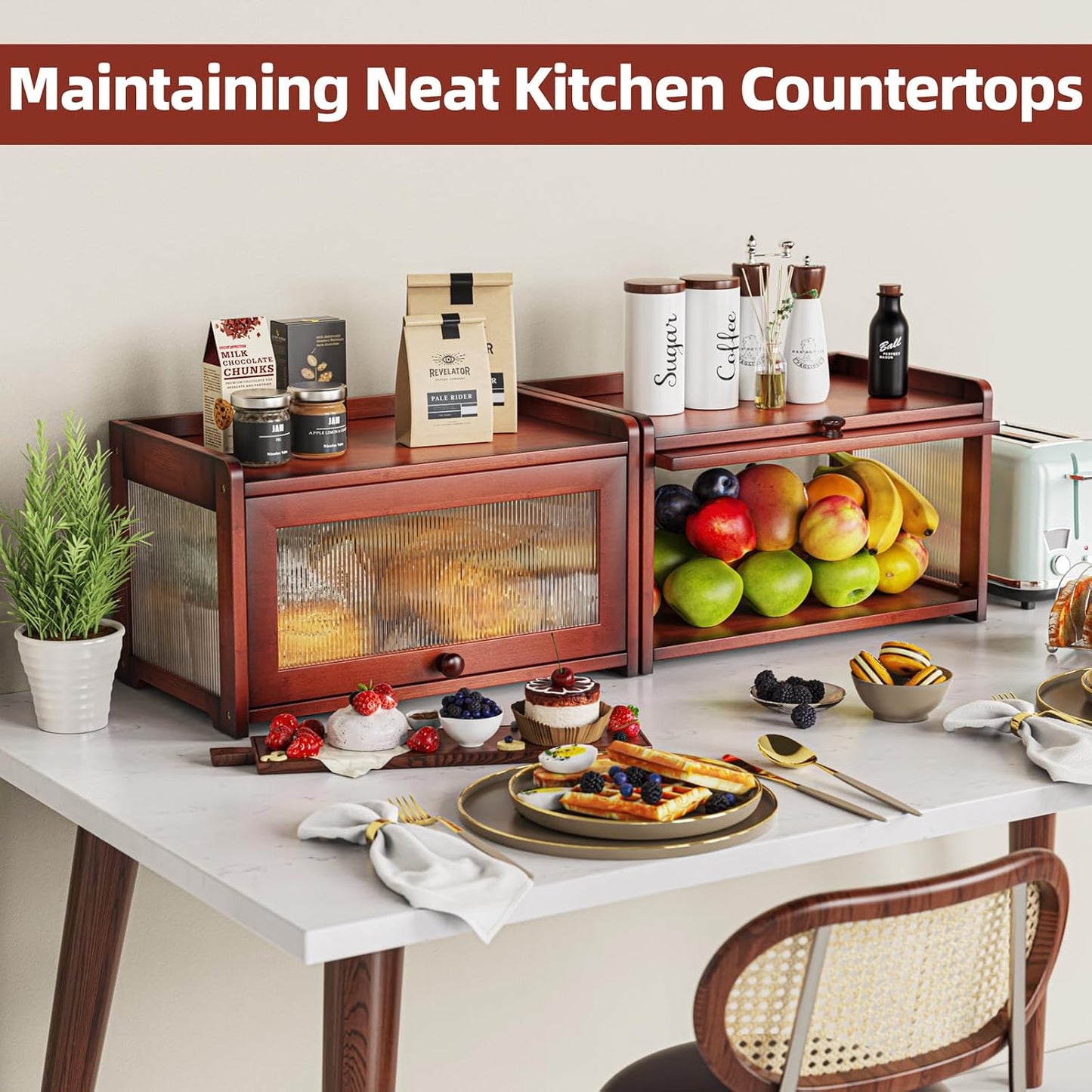BAMBANG Bamboo Bread Box for Kitchen Countertop, Extra Large Farmhouse Bread Box with 4-Side Clear Panels, Wooden Bread