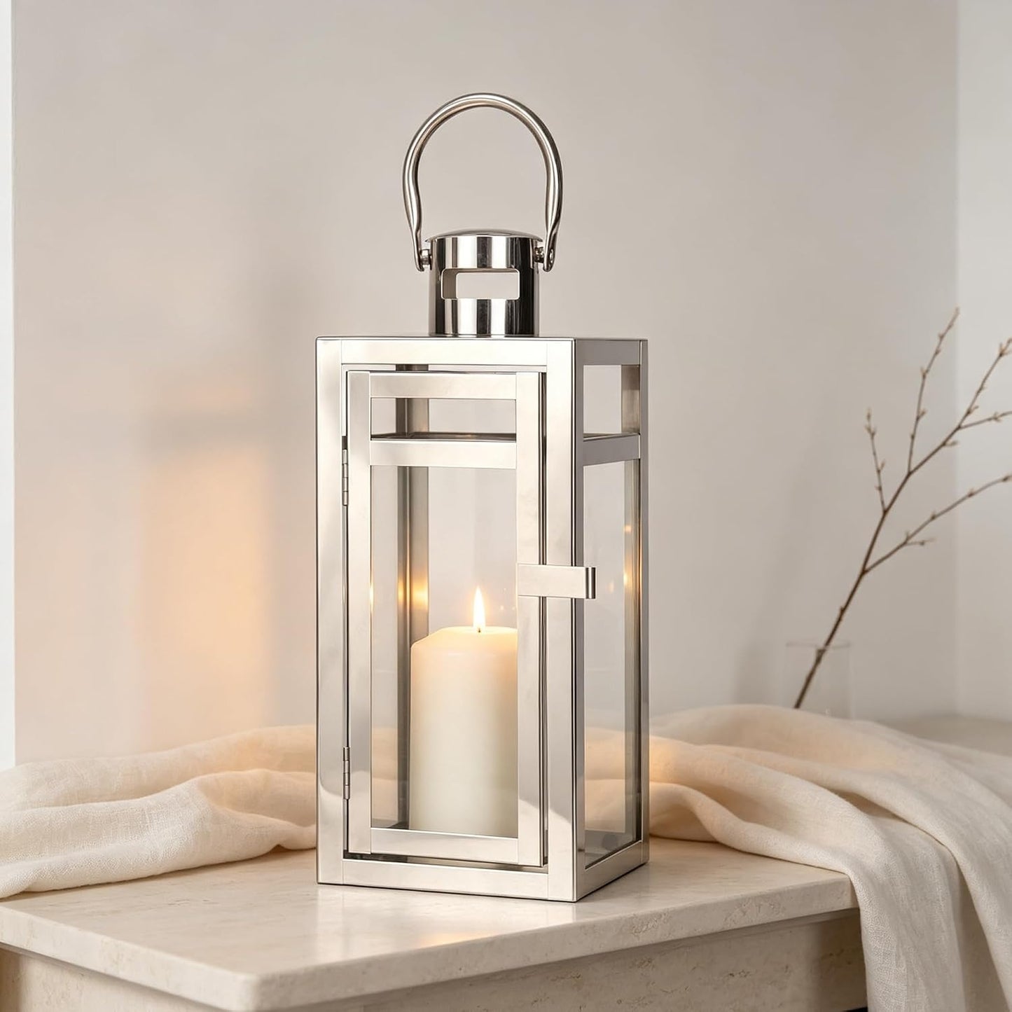 TRIROCKS Stainless Steel Decorative Lantern 12'' High Metal Hanging Lantern with Tempered Glass Perfect for Home Decor