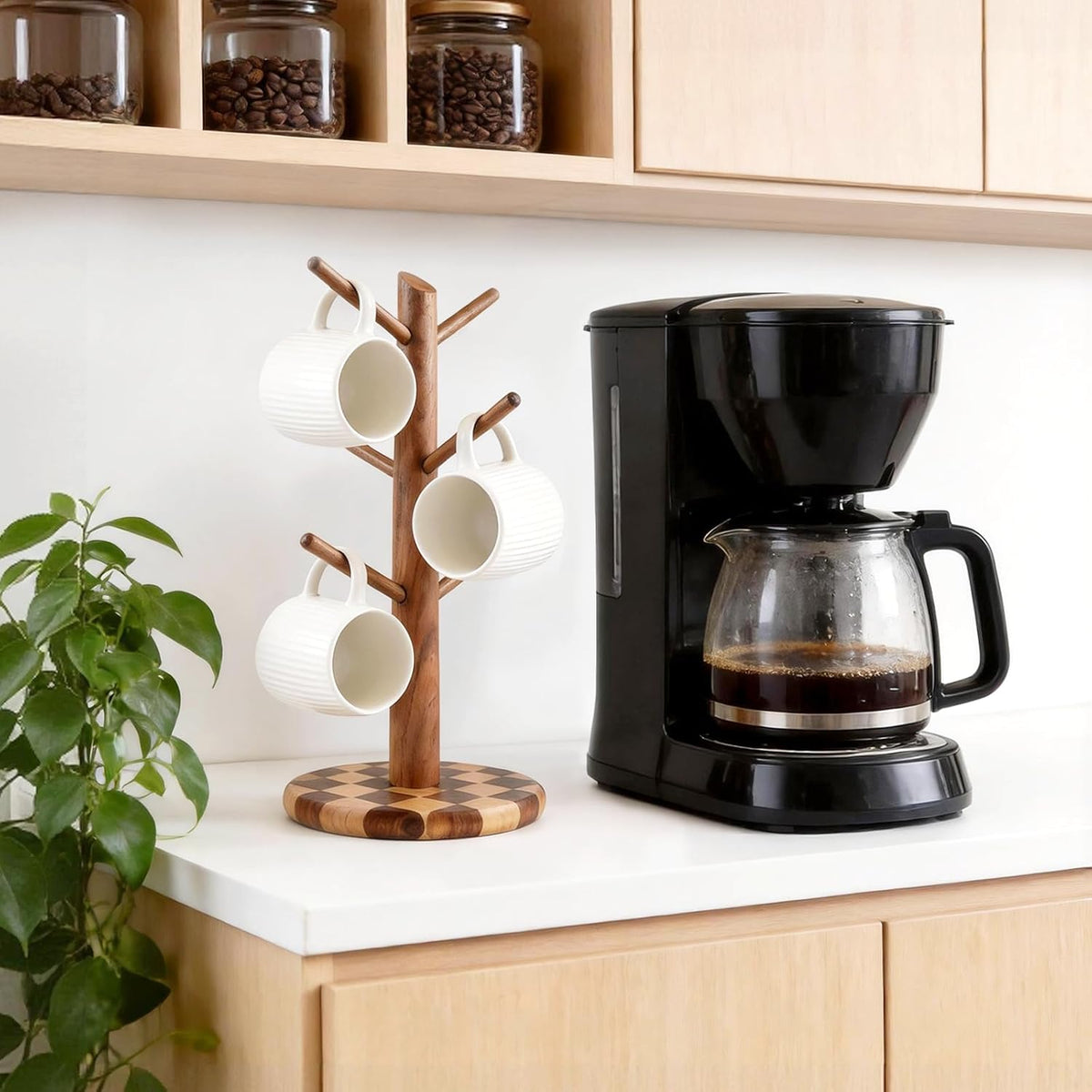 Natural Wood Mug Holder for Counter Top, Acacia Wood Coffee Mug Tree | Non-Slip Wooden Mug Organizer for Kitchen