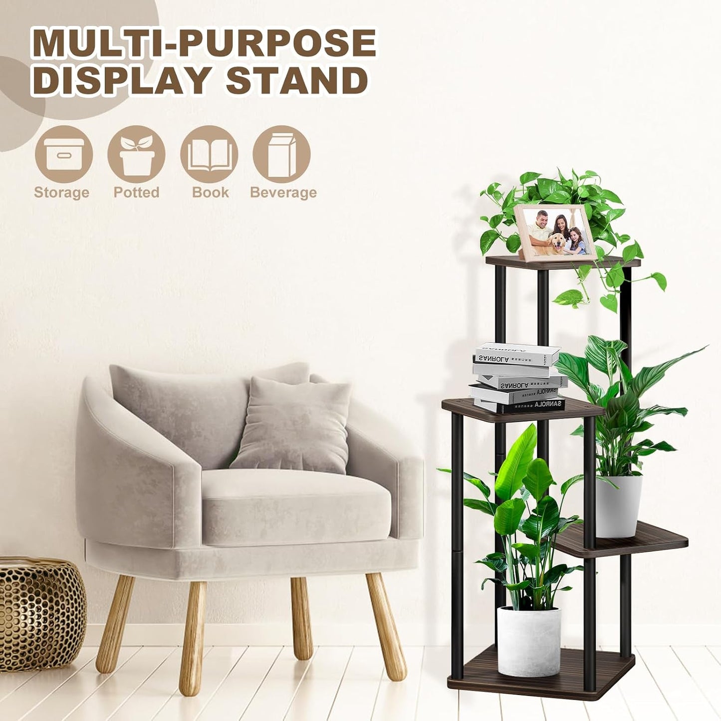 4-Tier Wooden Flower Shelf, Multi-Tier Flower Stand, Plant Stand for Indoor, Garden, Balcony, Decoration (Black Oak)