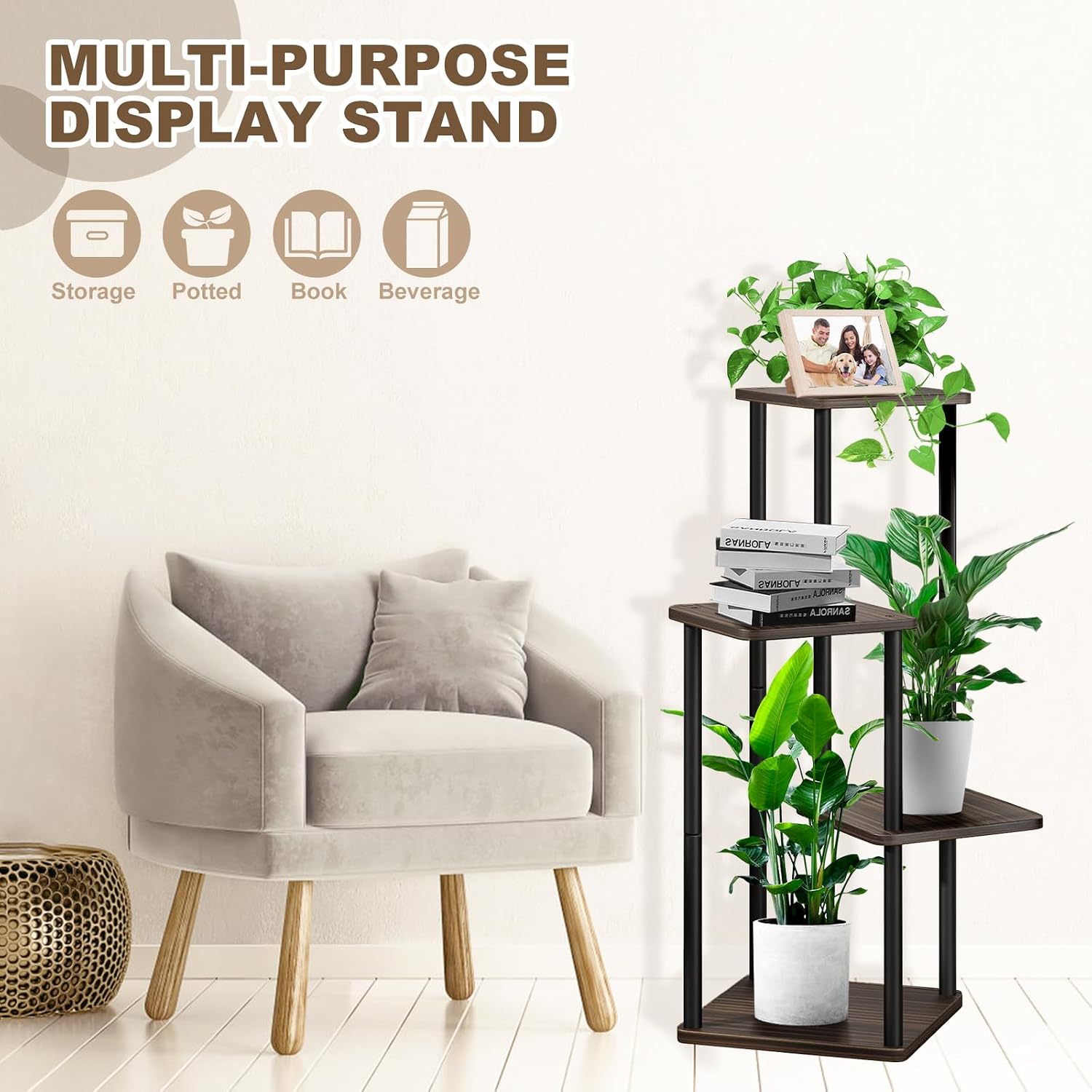 4-Tier Wooden Flower Shelf, Multi-Tier Flower Stand, Plant Stand for Indoor, Garden, Balcony, Decoration (Black Oak)