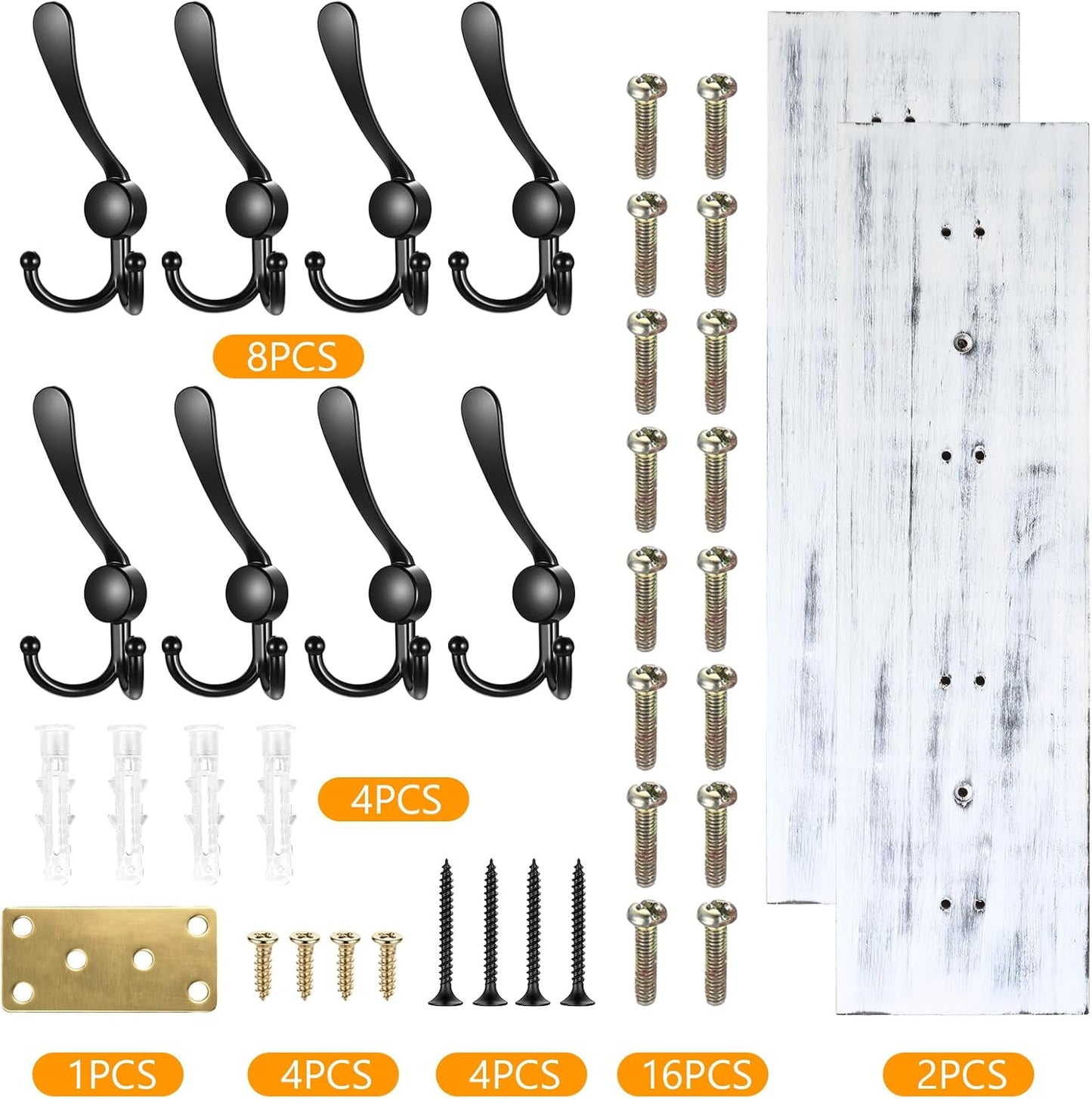 31.5" Large Coat Rack Wall Mount Coat Hooks with 8 Black Metal Triple Hooks, 1.4cm Thick Solid Pine Wood Wall Hooks for