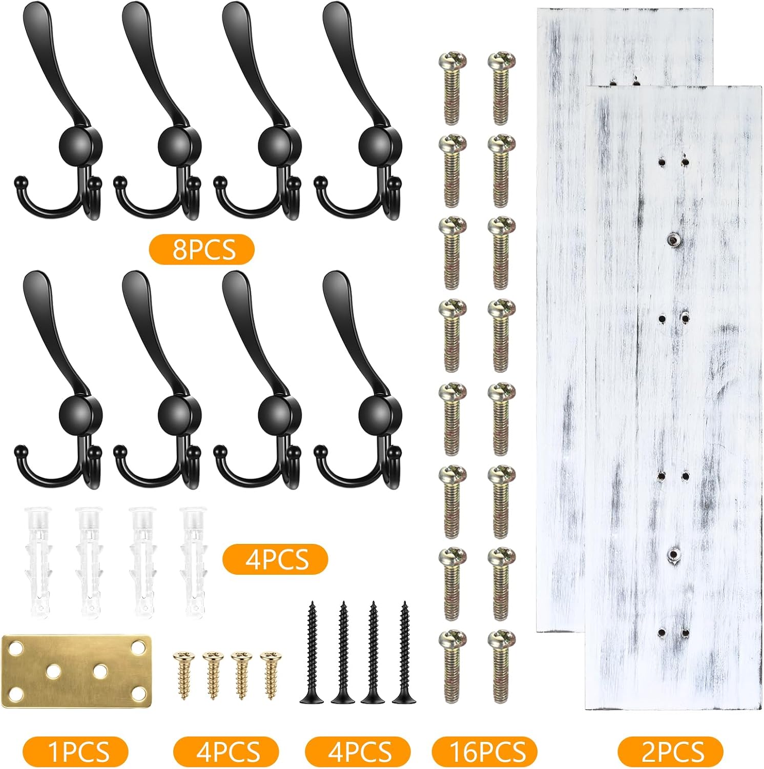 31.5" Large Coat Rack Wall Mount Coat Hooks with 8 Black Metal Triple Hooks, 1.4cm Thick Solid Pine Wood Wall Hooks for