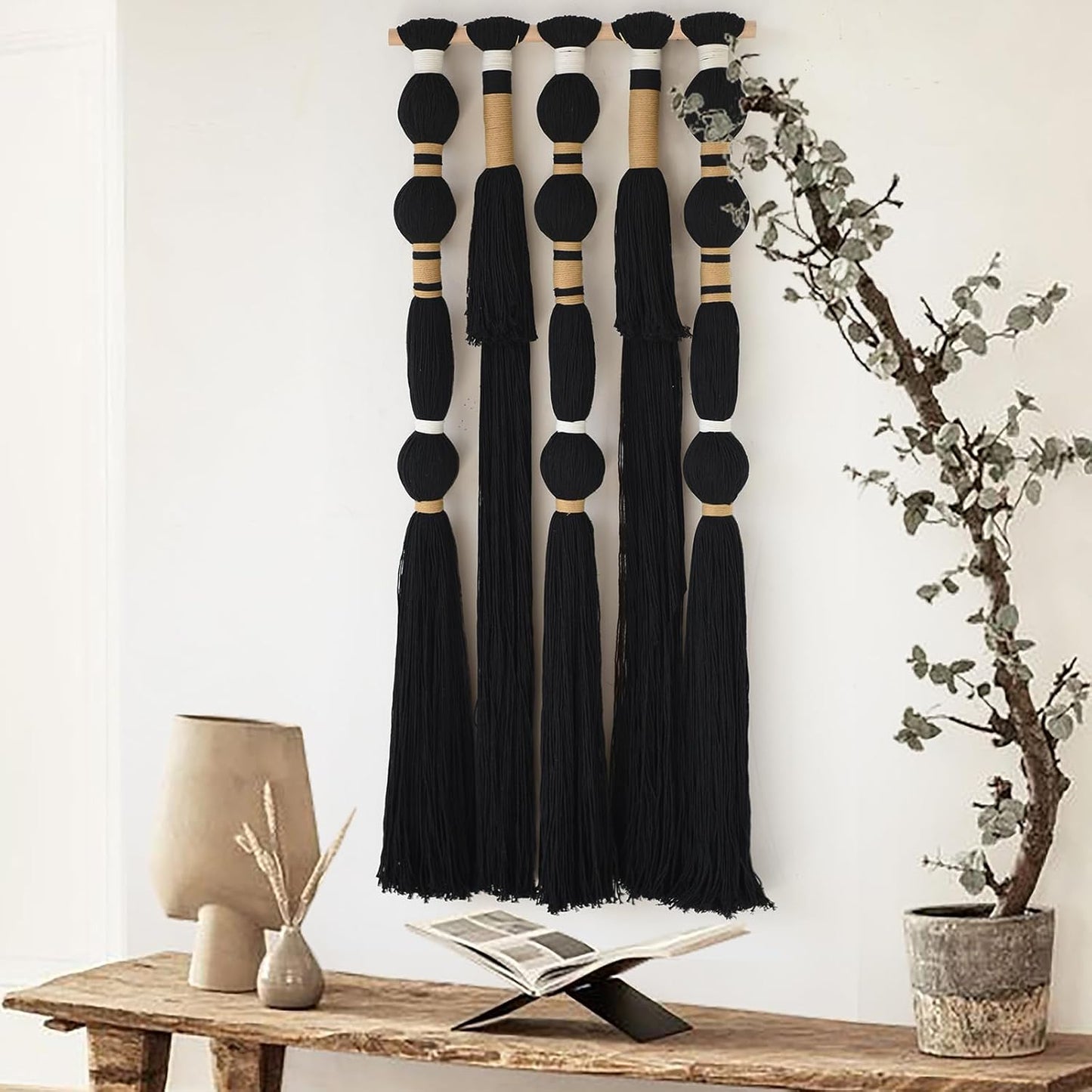 Macrame Wall Hanging Sphericity Cotton Tassels Textile Hanging Geometric Yarn Wall / Black1 / Black