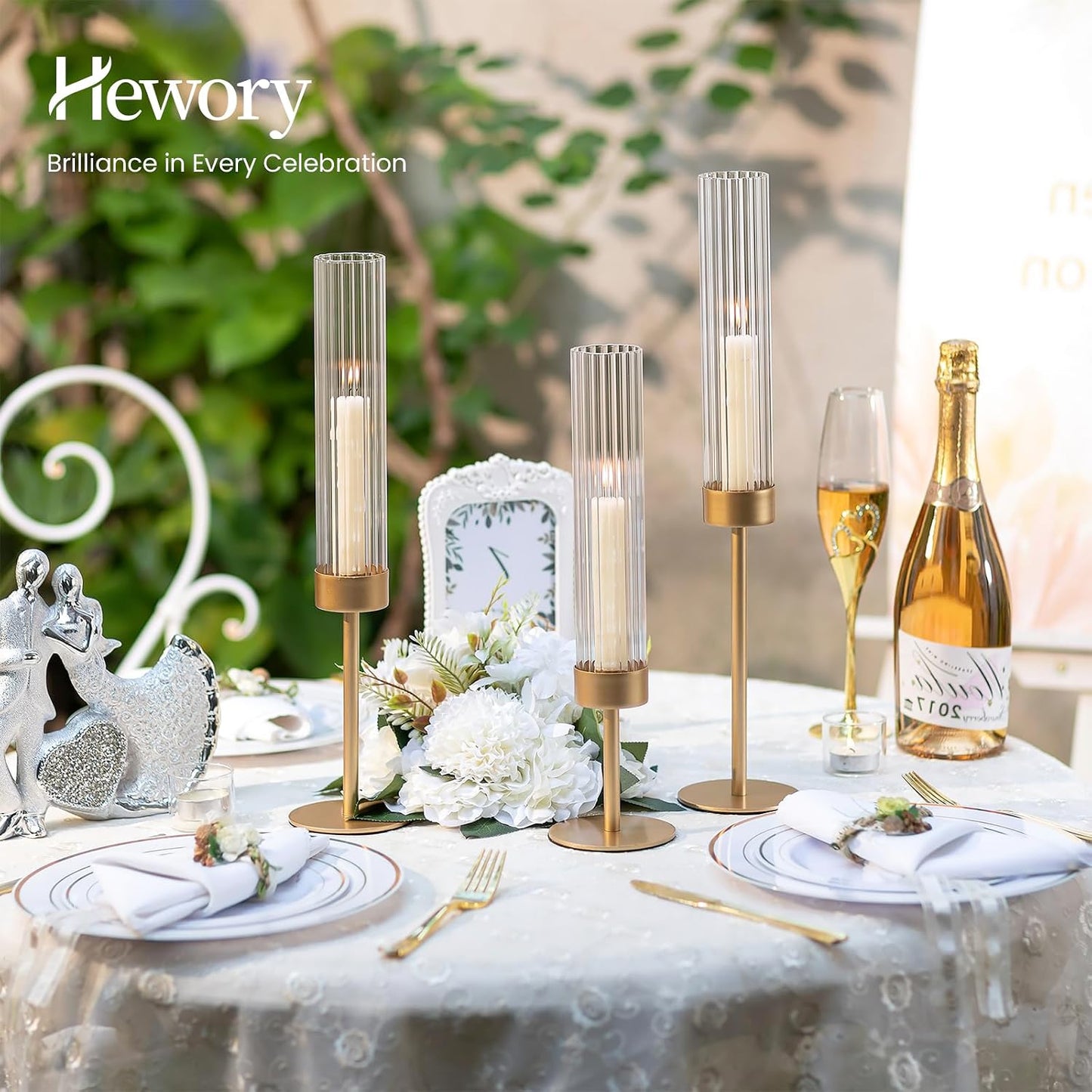 Hewory Gold Hurricane Candle Holder: 6PCS Candlestick Holders for Decor | Ribbed Glass, Brass Taper Candle Holders at 3