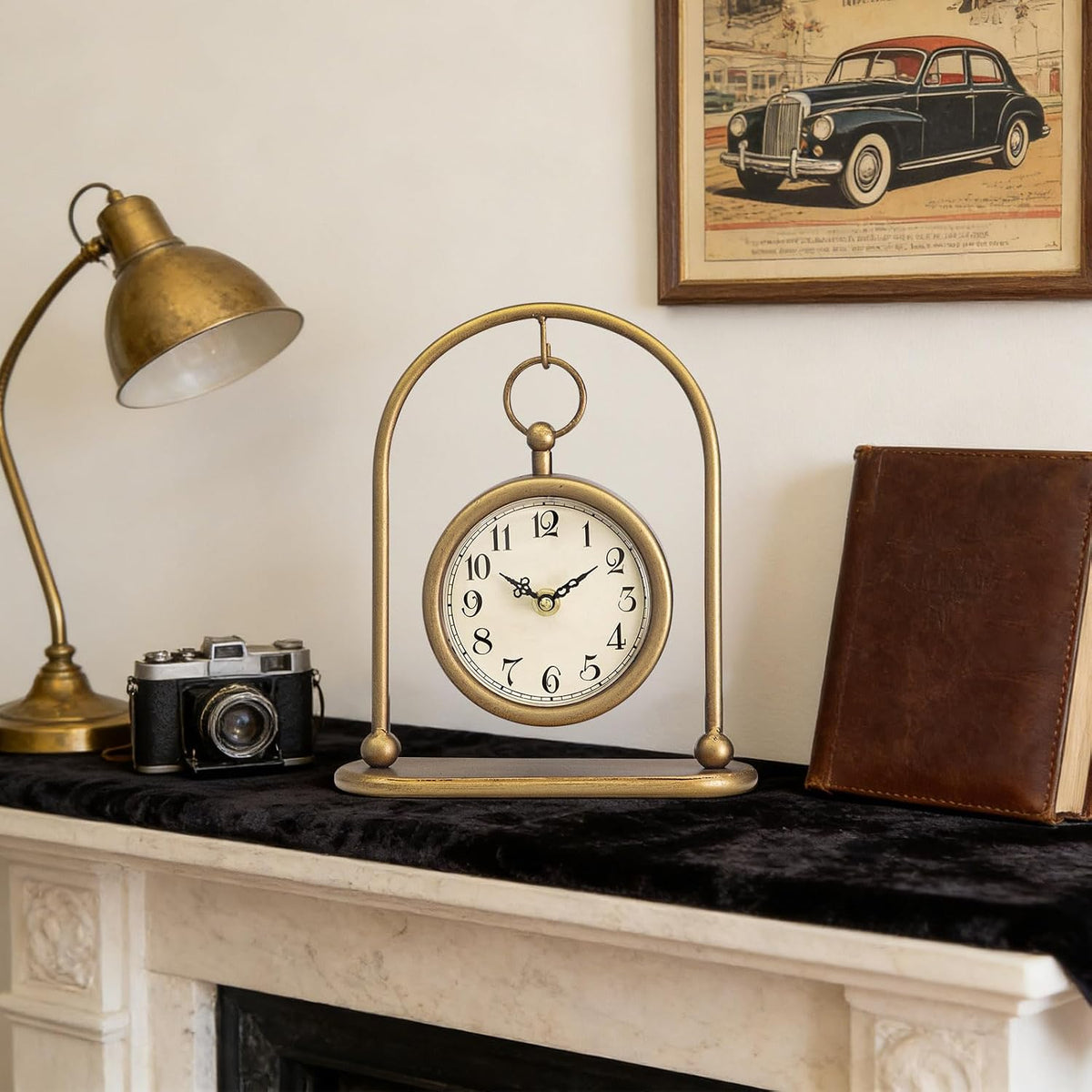 Vintage Small Gold Table Clock, Farmhouse Table Clock, Silent Non-Ticking Battery Operated Desk and Shelf Clocks for