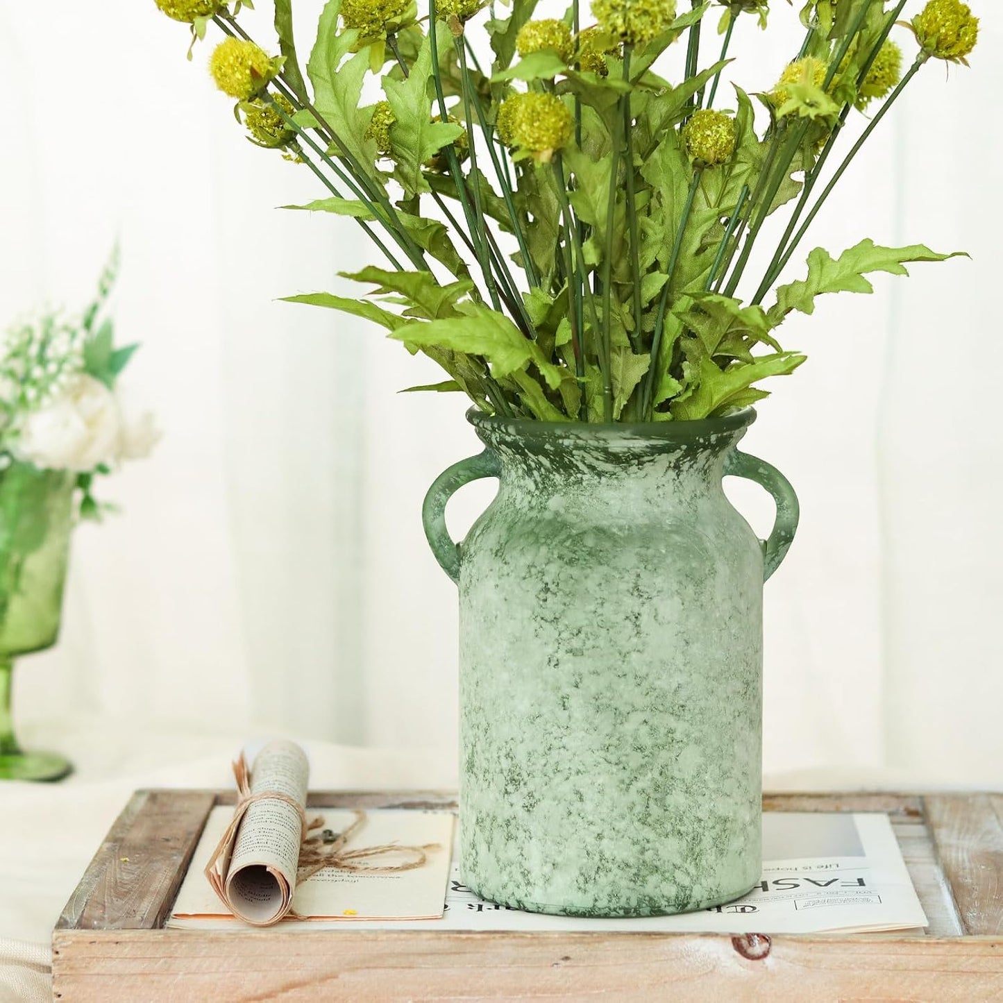 Glass Flower Vase / White Green / 8 Inch