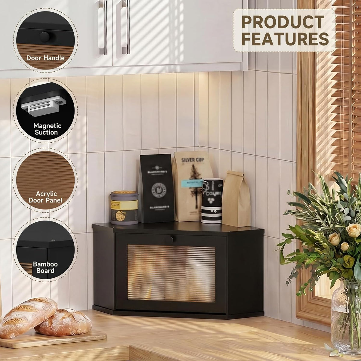 Corner Bread Box For Kitchen Countertop,Bread Storage Bin (Black, Medium) | Small Bamboo Bread Container,Corner Shelf