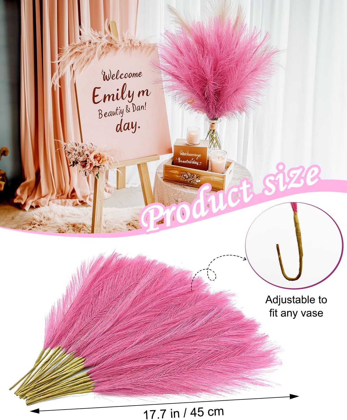 Hot Pink Short Artificial Pompous Grass Fluffy Fake Pompas Grass / Rosy Pink / 17.7 Inch / Set of 60
