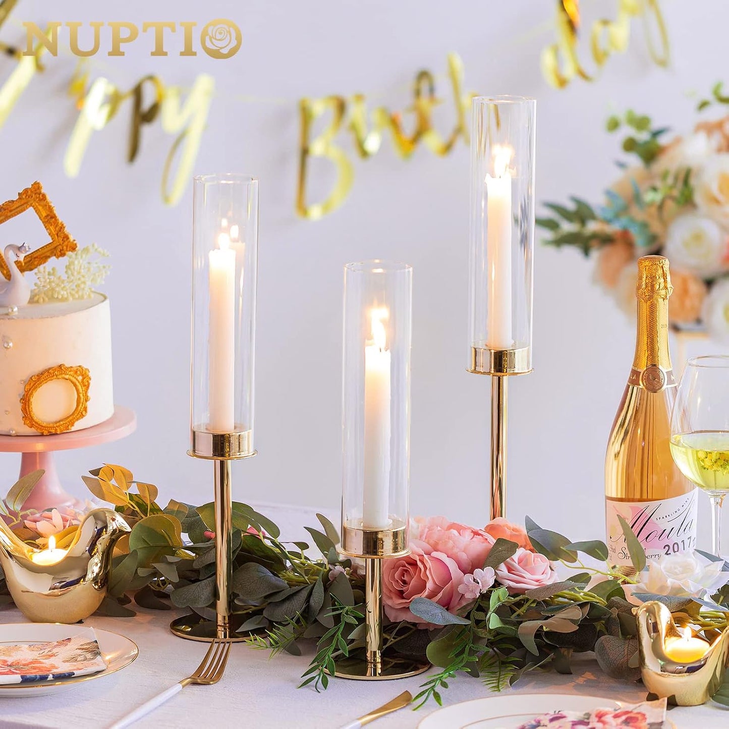 Nuptio Gold Candlestick Holder Tall Hurricane Candle Holder Set of 3 Taper Candle Holders Candle Stand Glass Cover