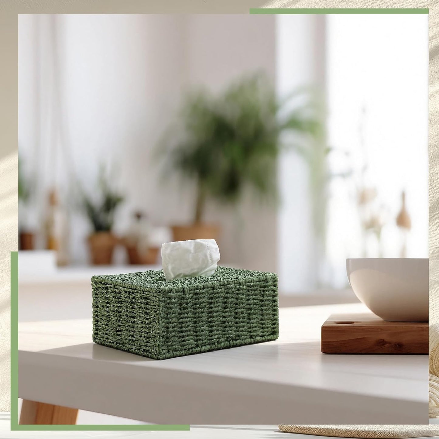 Tissue Box Cover Natural Paper Rope Hand Tissue Box Holder / Sage Green / Woven / Rectangle