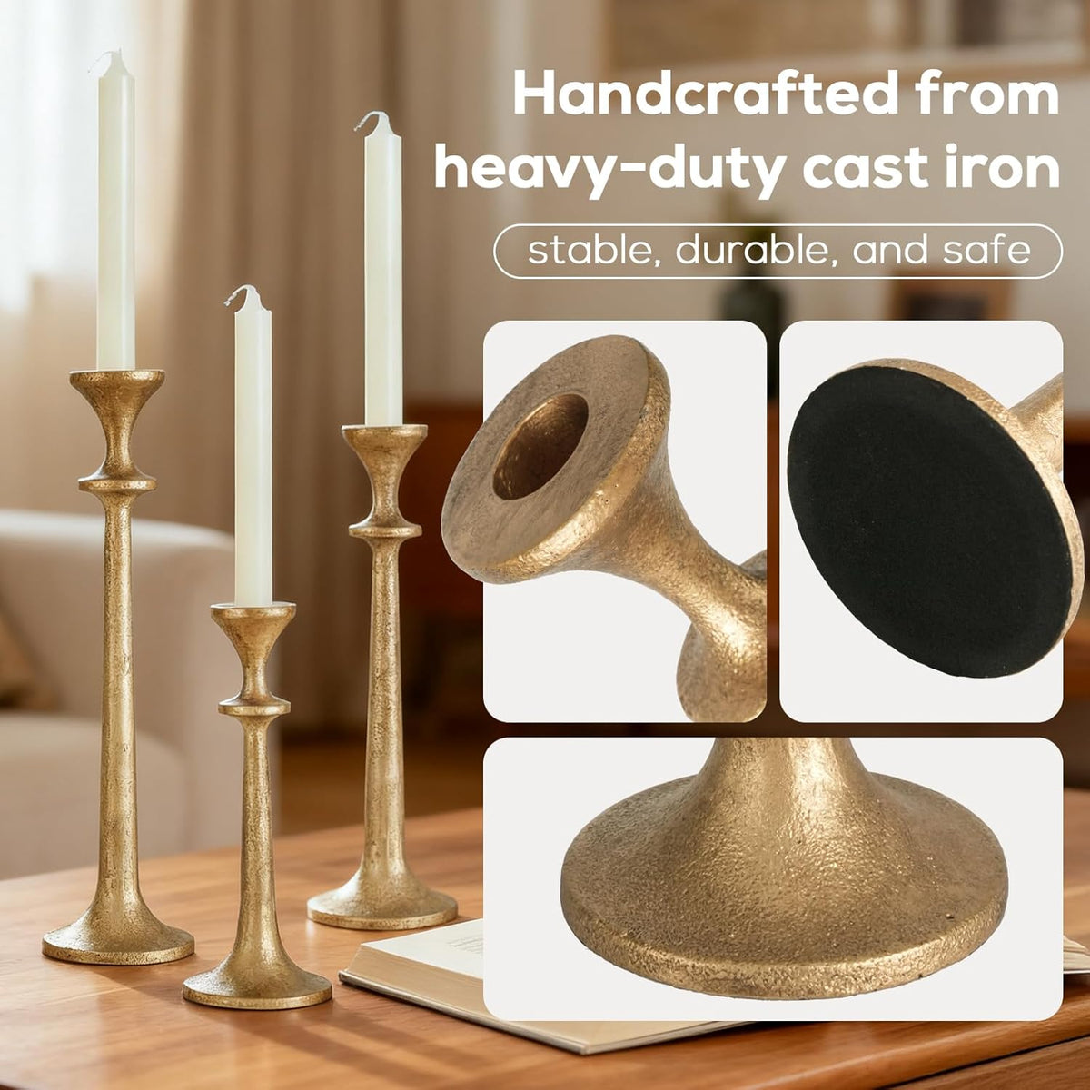 Gold Taper Candle Holders Set of 3 Heavy Cast Iron Antique Brass Candlestick Holder for Table Centerpiece Vintage