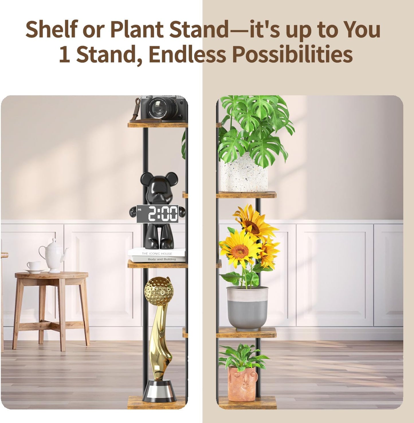LASZOLA Plant Stand Shelf Tall for Indoor Corner, 5 Tier Wood Brown | Heavy Duty Multi Level Vertical Flower Rack for