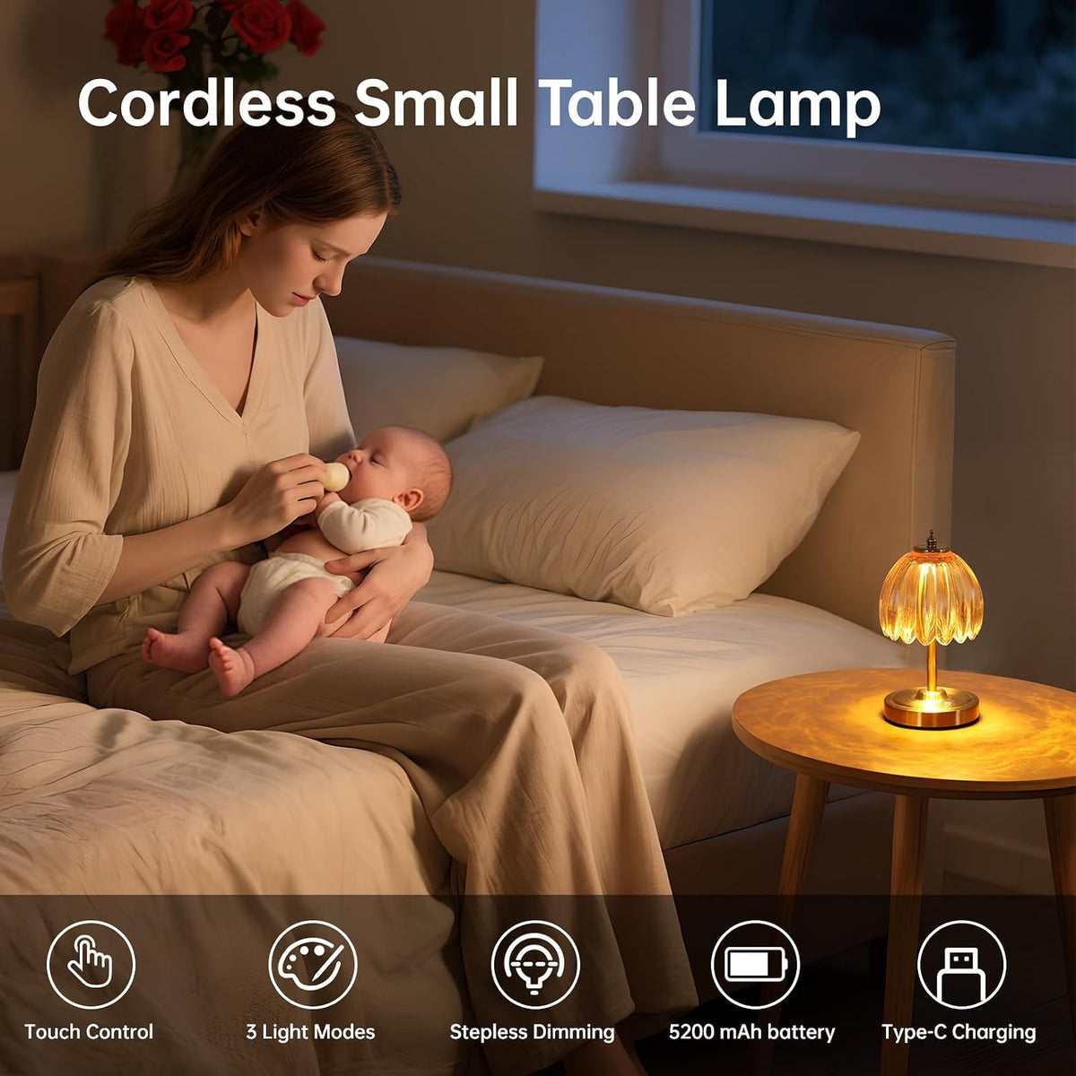 Shenmoyl Set of 2 Tulip Table Lamp with 5200mAh Battery & Touch Control, Cordless Small Table Lamp with 3 Colors