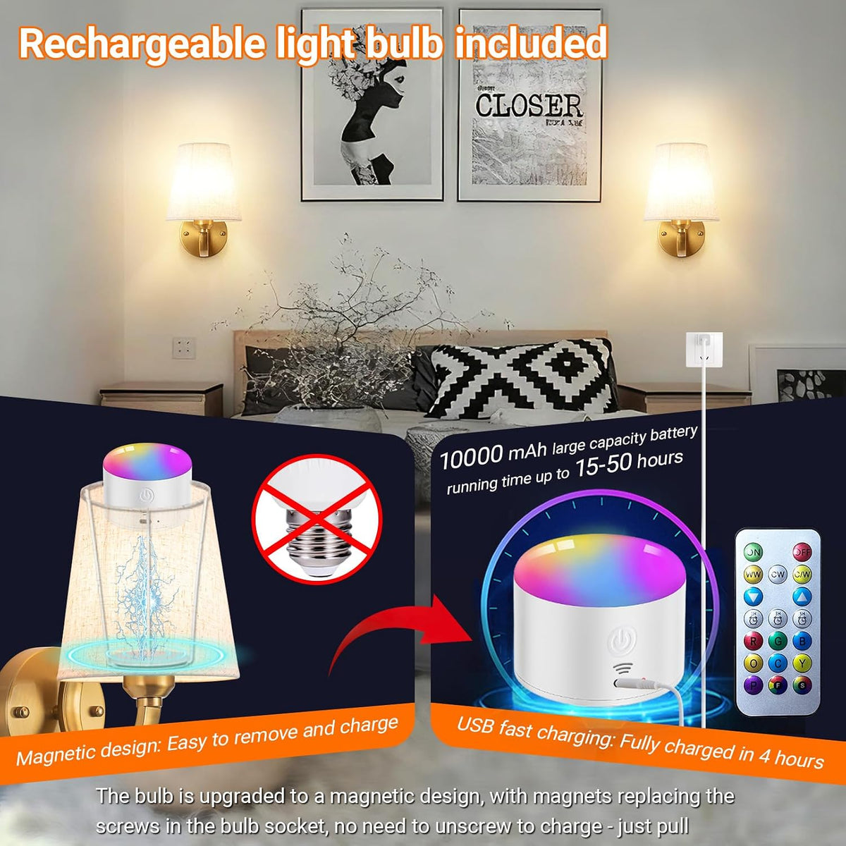 YHCDLAMP Peel and Stick Wall Sconces, No Drilling Stick On Wall Sconce, Wireless Battery Operated Wall Lights, Adhesive
