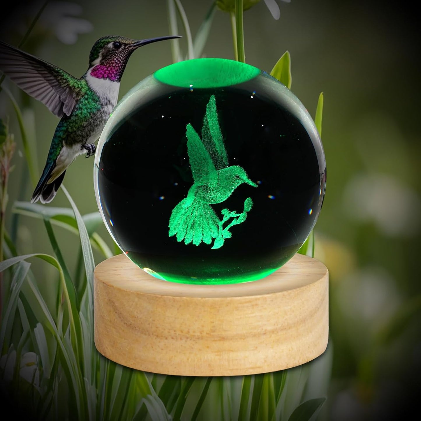 3D Crystal Ball Night Light Figurines Decor Table Lamp / Hummingbird / 2.4 Inch
