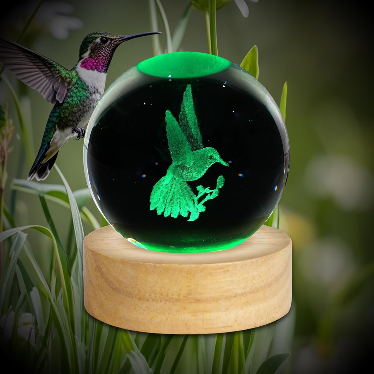 3D Crystal Ball Night Light Figurines Decor Table Lamp / Hummingbird / 2.4 Inch