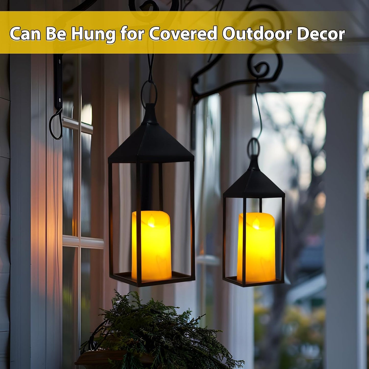 Modern Farmhouse Lantern Decor, 2Pcs Metal Candle Lanterns with Flameless Candles Black Decorative Lantern for Front