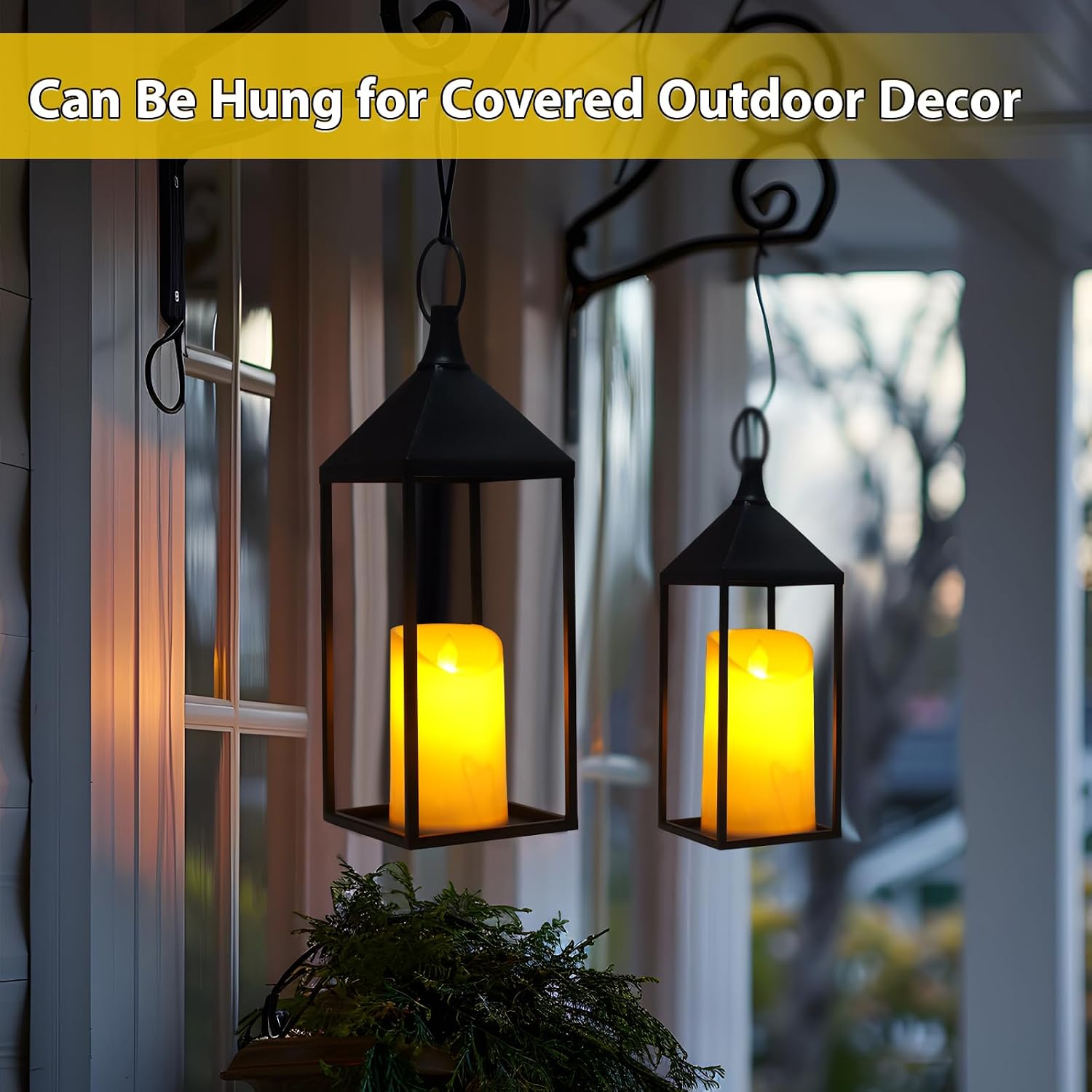 Modern Farmhouse Lantern Decor, 2Pcs Metal Candle Lanterns with Flameless Candles Black Decorative Lantern for Front