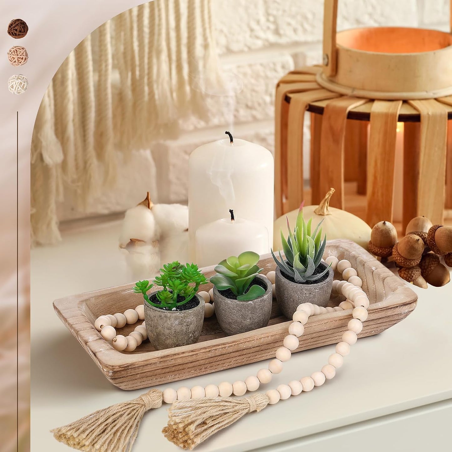 Wooden Centerpiece Table Decorations Wood Dough Bowl Wicker Rattan Balls Beads / White / Set of 17