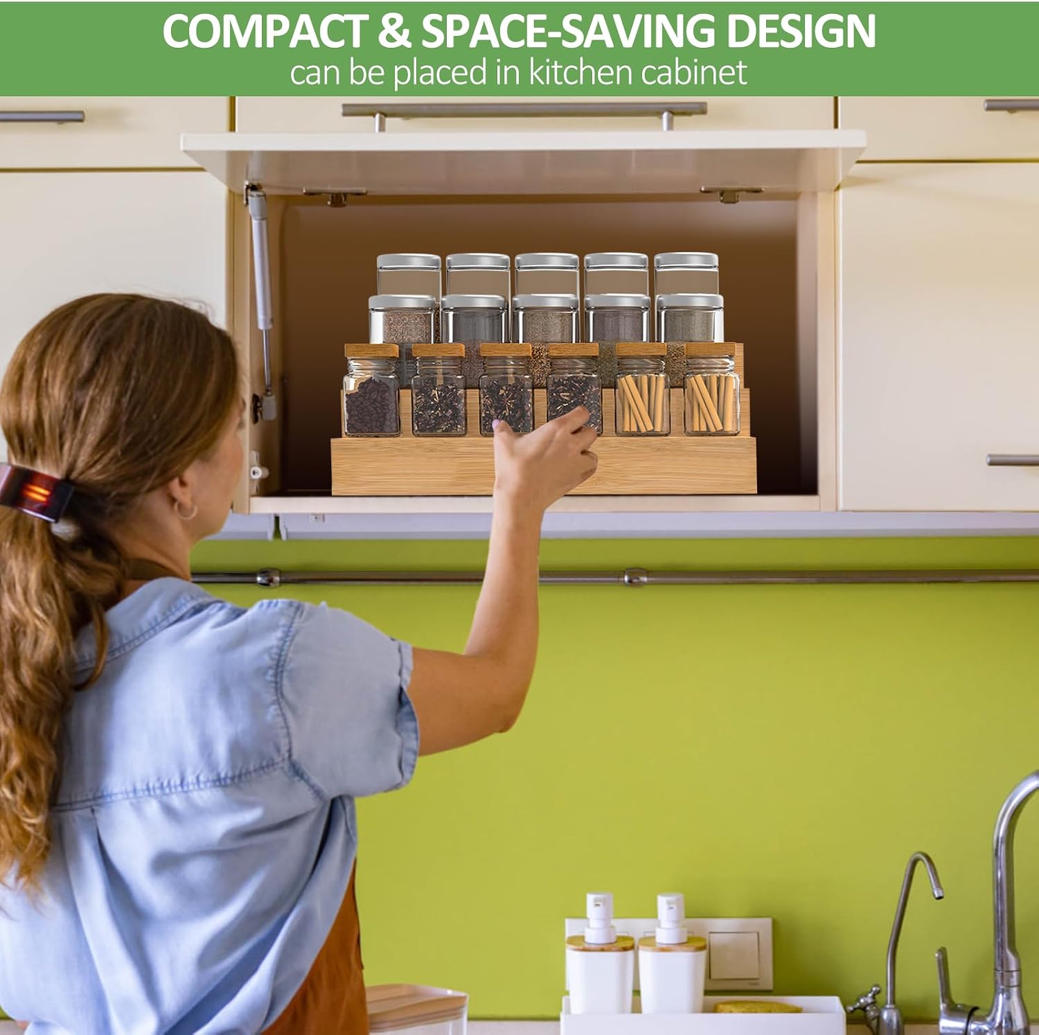 2 Pack Bamboo Spice Rack Organizer for Kitchen Counter, 3 Tier Spice Shelf | 3 Tier Countertop Step Shelf, Seasoning