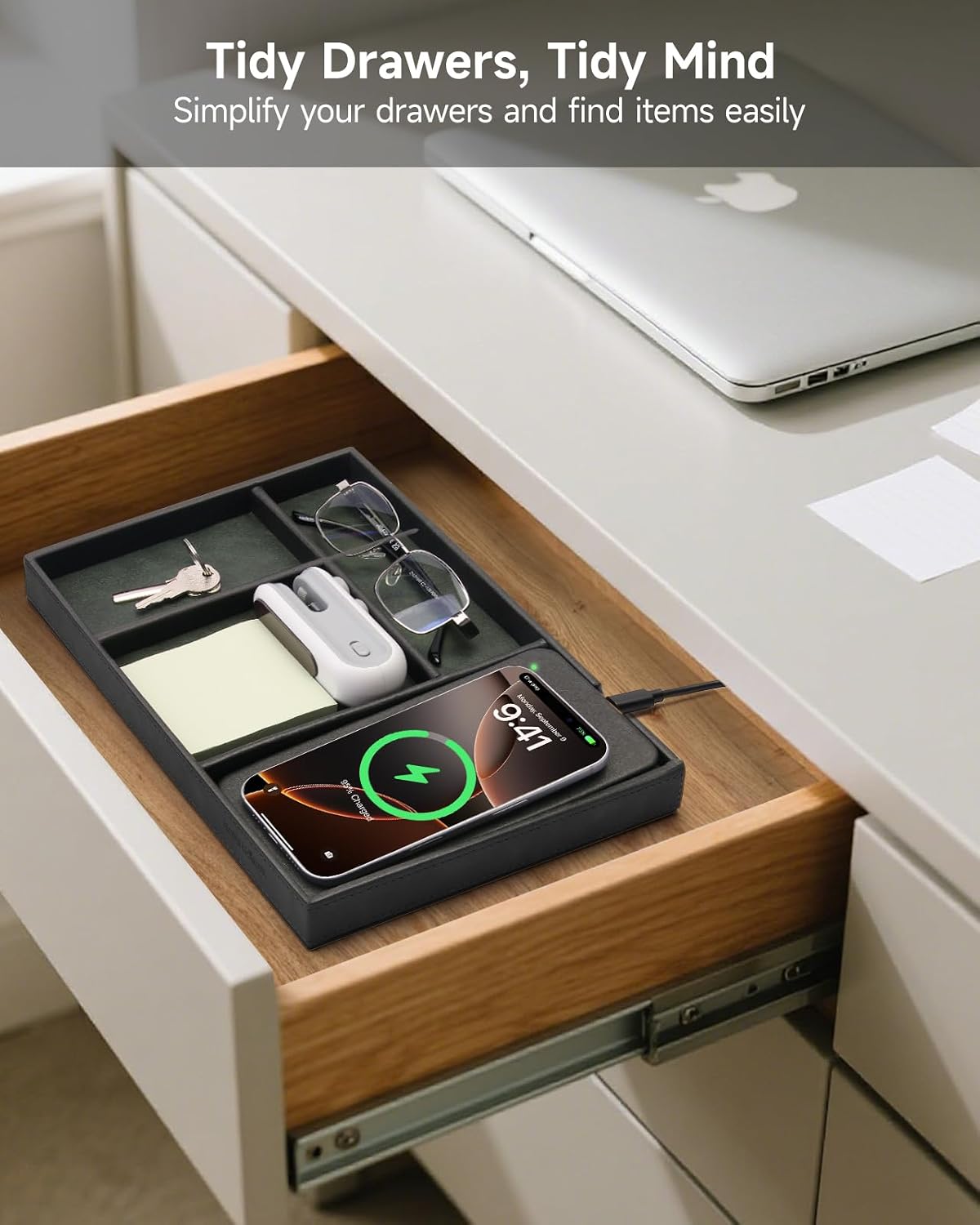 Valet Tray, Built in Wireless Charging Pad, Nightstand Organizer | Two-Toned Premium Leather Desk Bedside Caddy
