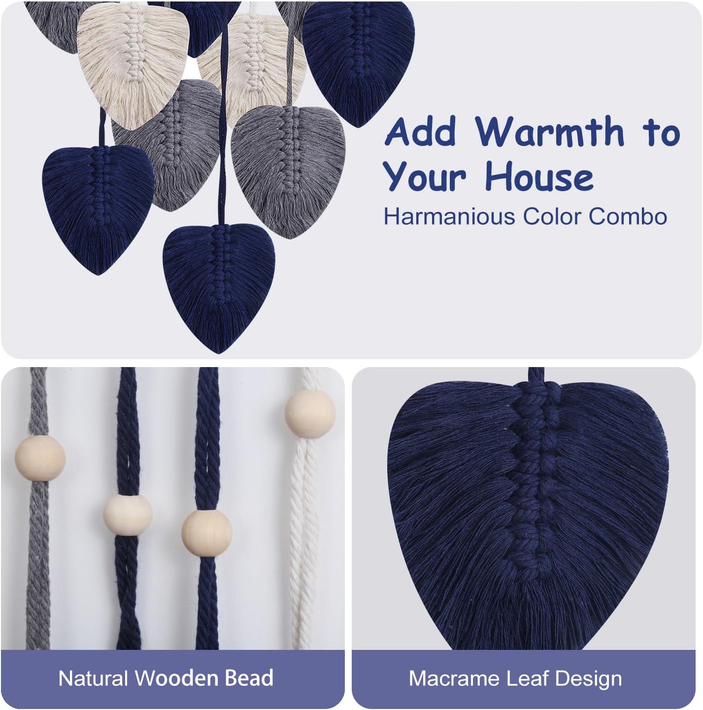 Macrame Wall Hanging Decor Leaves Tapestry / Blue