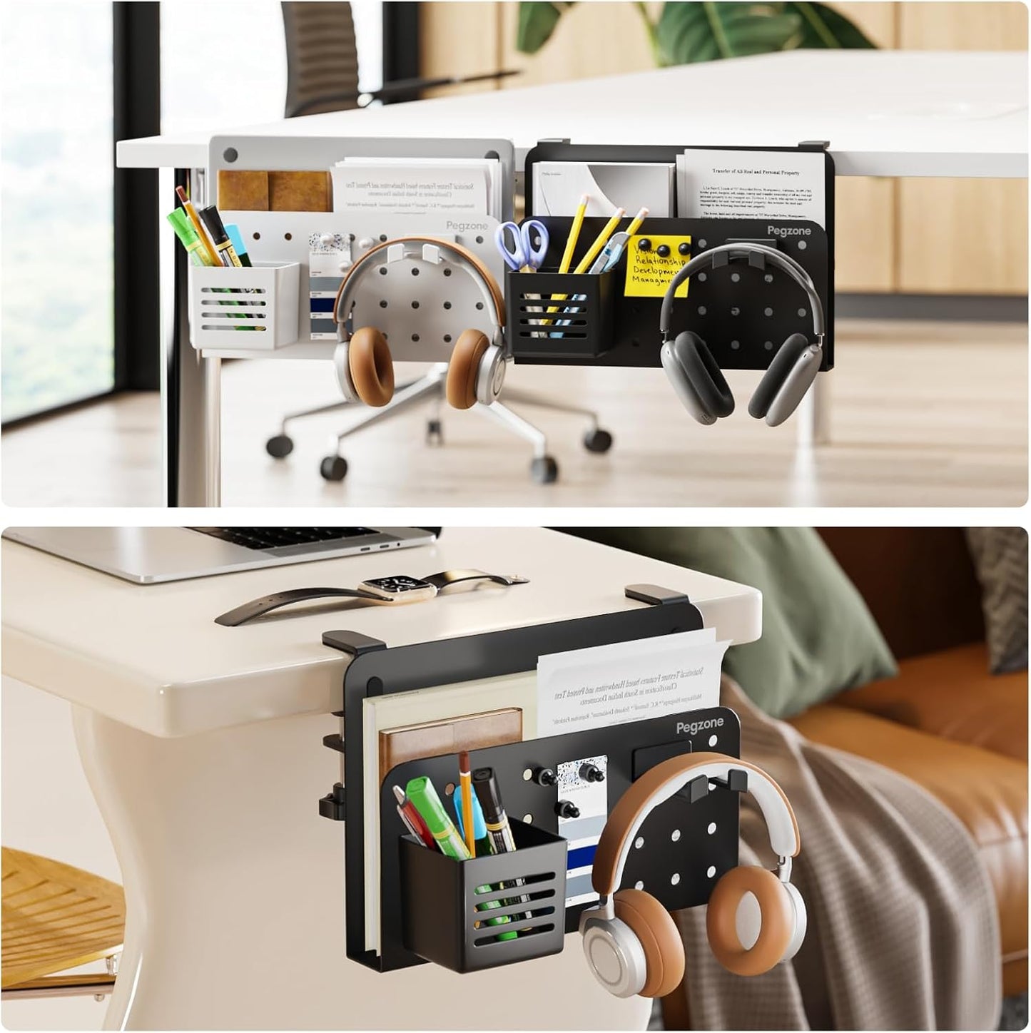 Desk Side Storage Organizer, Fits Flat Edge 0.4" to 2.2", Black | No Drill Under Desk Laptop Holder, Clamp on Desks