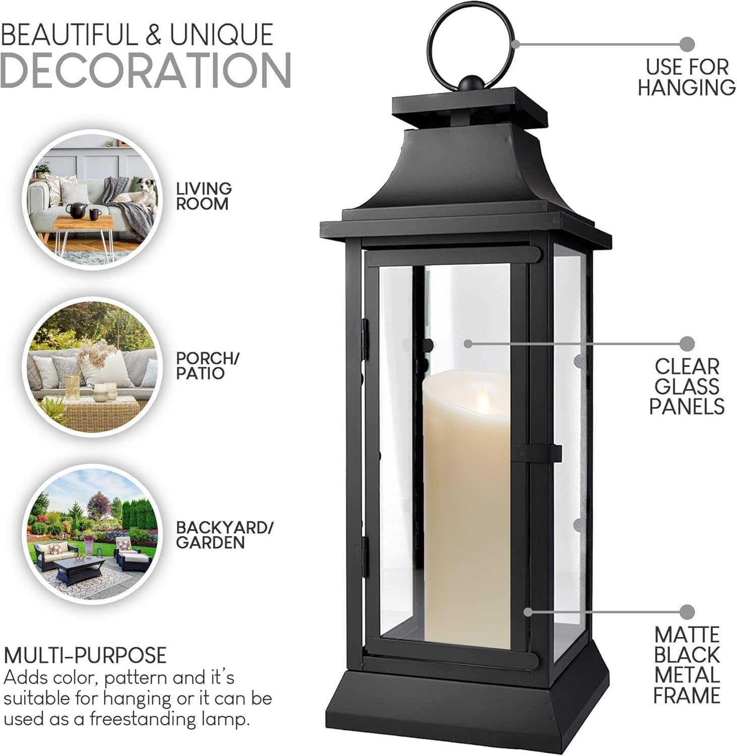 Serene Spaces Living Black Metal Hurricane Lantern with Clear Glass Panels – Hanging or Tabletop Decorative Lantern for