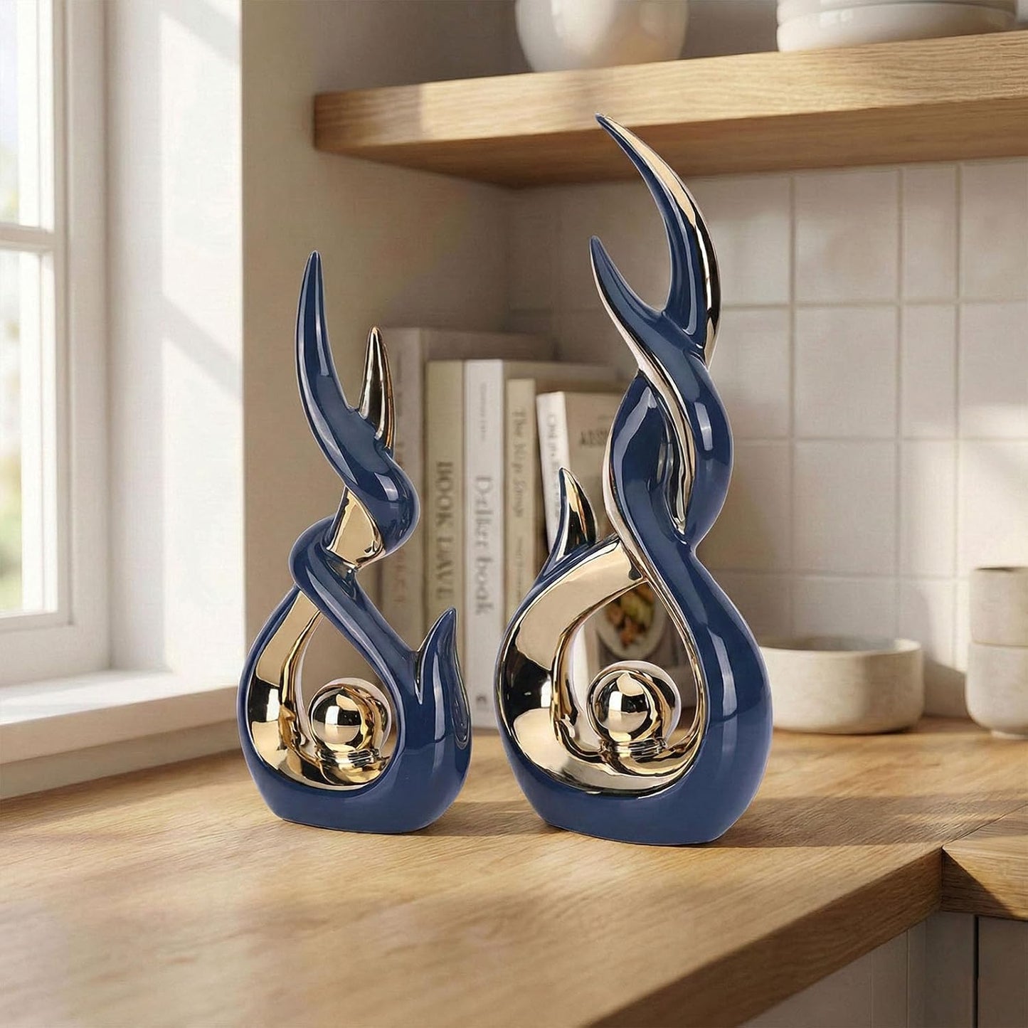 Abstract Ceramic Sculpture Modern Electroplated Figurines Decorative / Blue and Gold / Set of 2