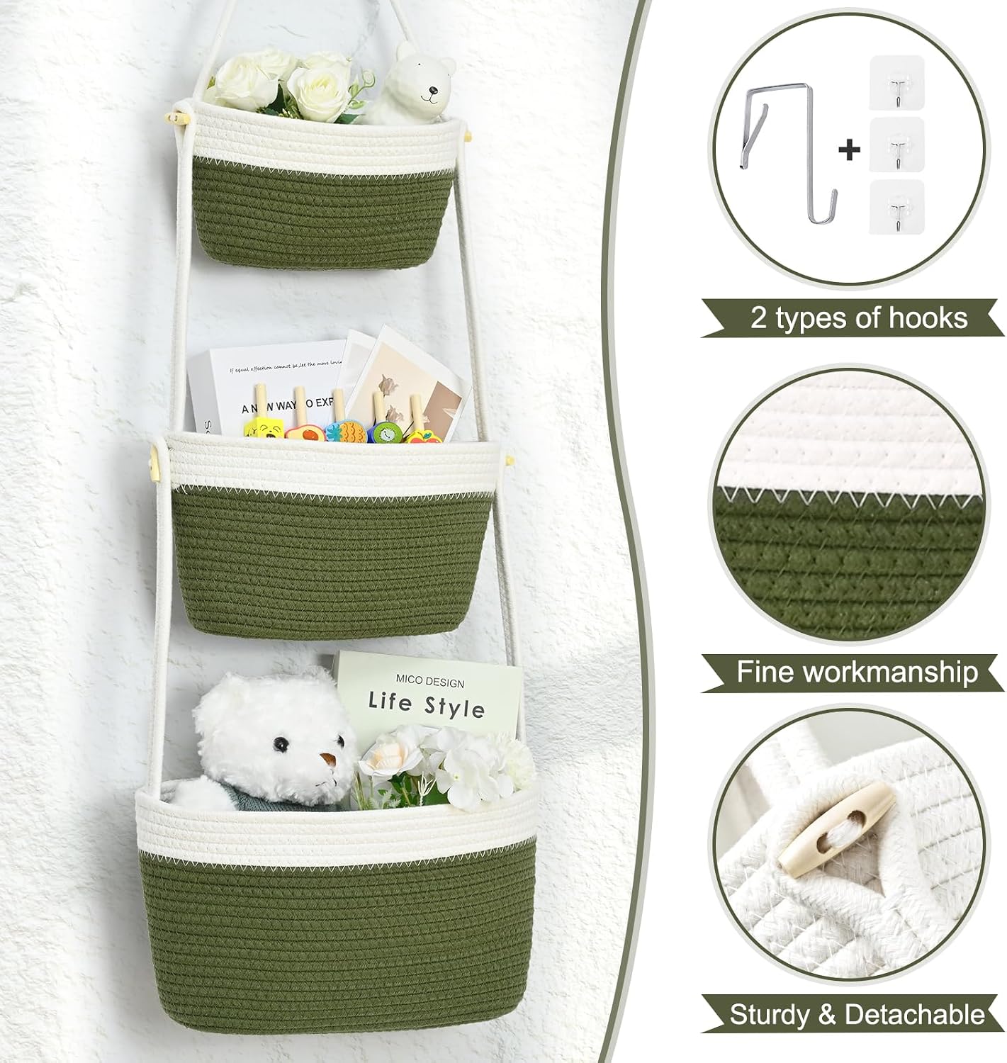 3-Tier Woven Wall Basket / Classic / Green