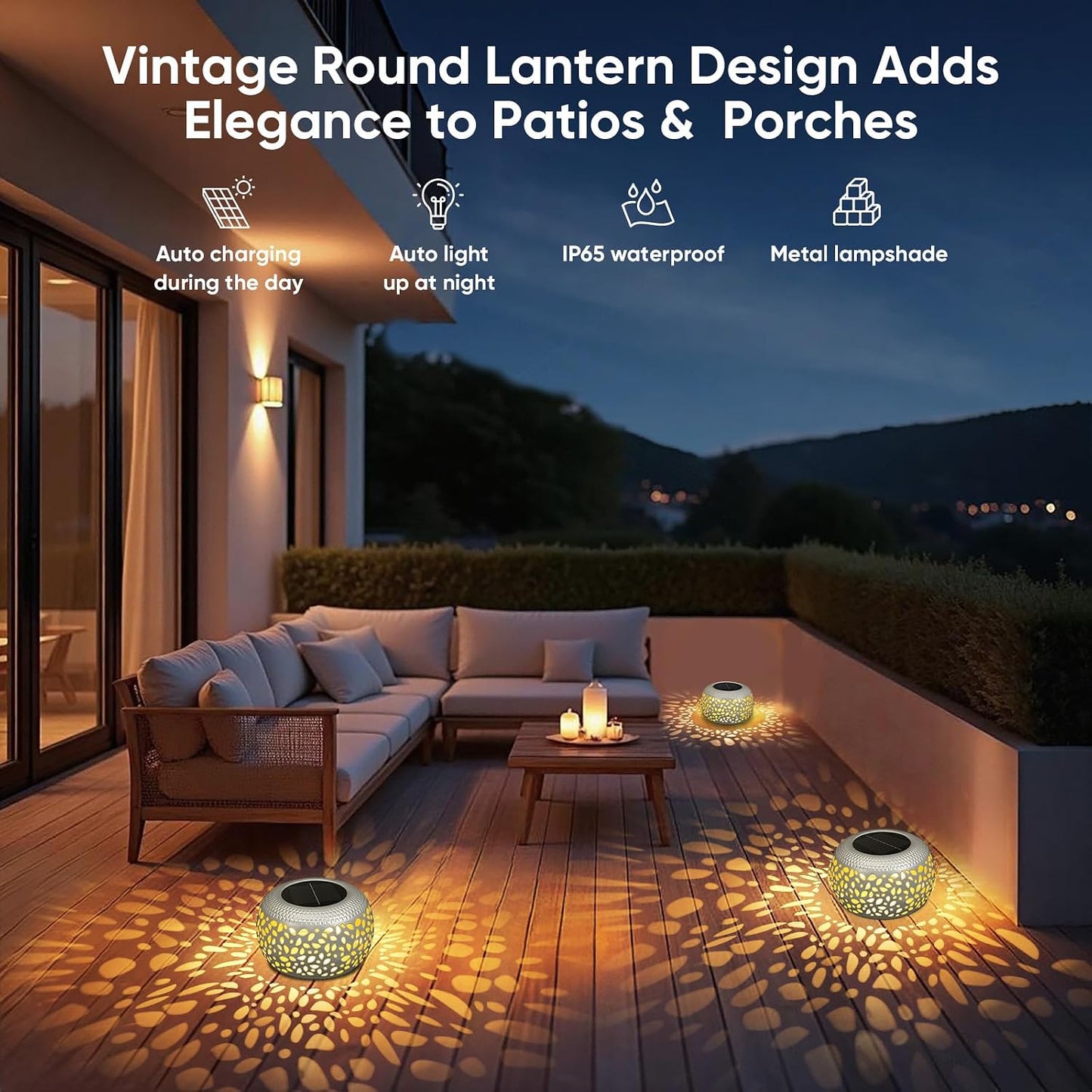 Solar Lanterns Outdoor Waterproof: 2 Pack White Cutout Metal Solar Lantern | 2 Lighting Colors, IP65 Auto On/Off