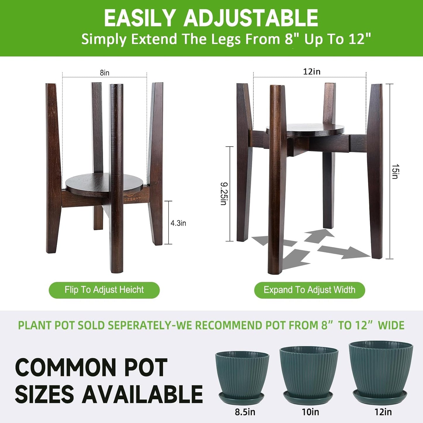 2 Packs Adjustable Plant Stand with Tray,Indoor Wood Plant Stand Fit 8'' to 12'' Planter,Mid Century Modern Flower Pot