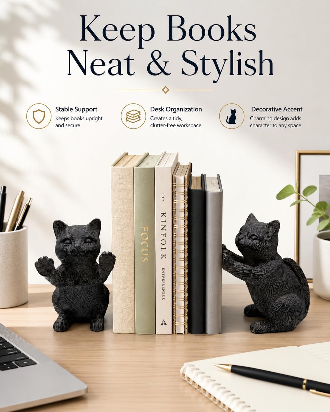 Resin Bookends / Decorative Bookends / Cat / Black / Set of 2