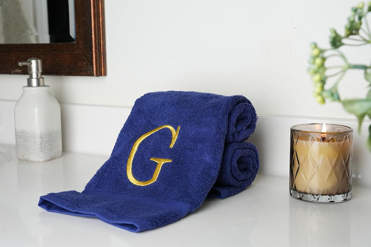 Navy with Gold Monogrammed Hand Towels for Bathroom - Set of 2 Letter G | Luxury Hotel Quality Initial Towels For