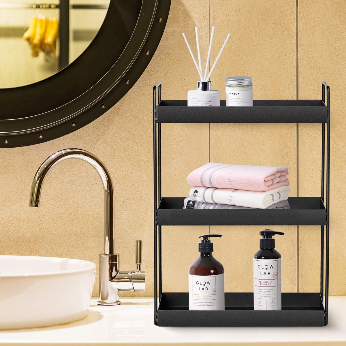 3-Tier Bathroom Countertop Organizer, Black, 12.2" L x 6.7" W x 16.9" H | Vanity Tray, Cosmetic & Makeup Storage