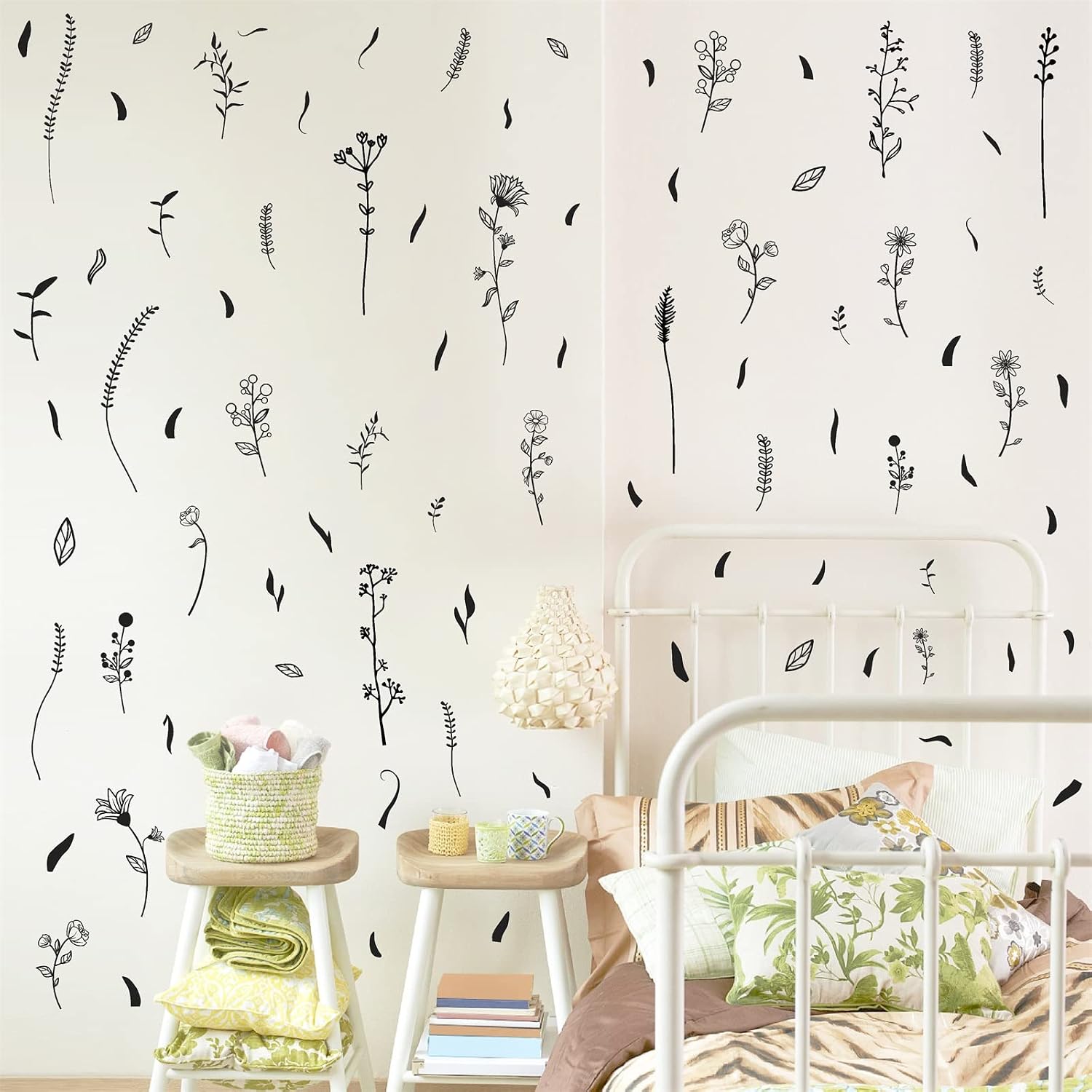 Floral Leaf Wall Decals Wildflower Wall Stickers Bouquet Botanical Plant Leaves Wall / Black
