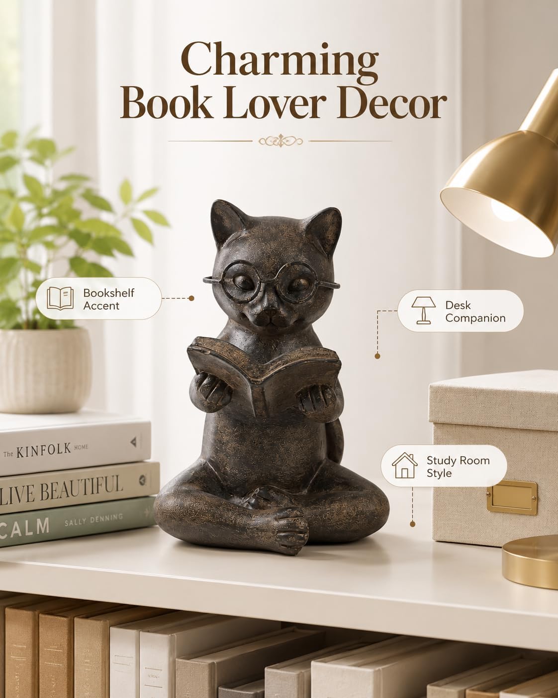 Cat Figurine Reading Book / Reading Cat / Bronze