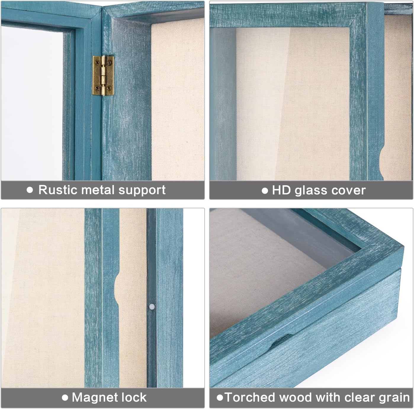 Love-KANKEI Deep Shadow Box 8x10,Solid Wood Frame,Memory Box,Rustic Blue | Front-Opening Glass Magnetic Door,Linen