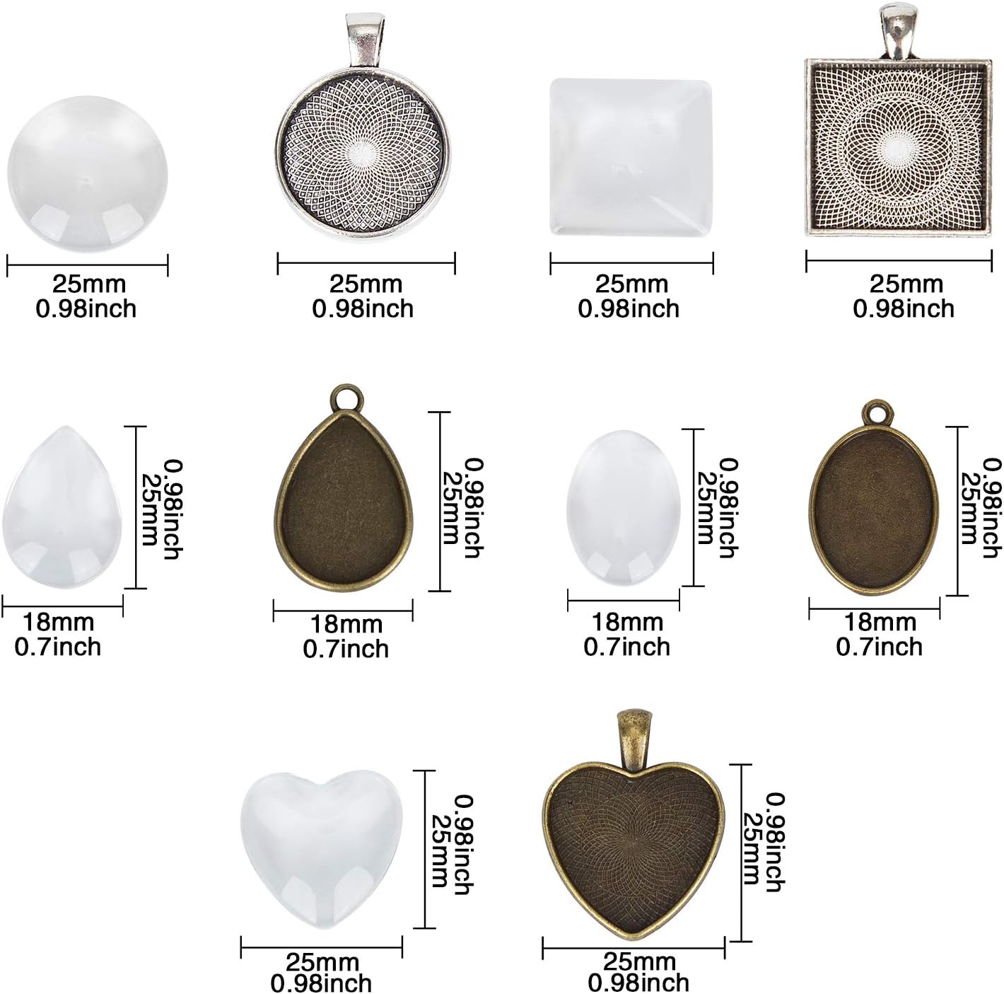 5 Styles Pendant Trays Round & Square & Heart & / Metal Pendant+ Bright Glass Cabochon / Set of 60