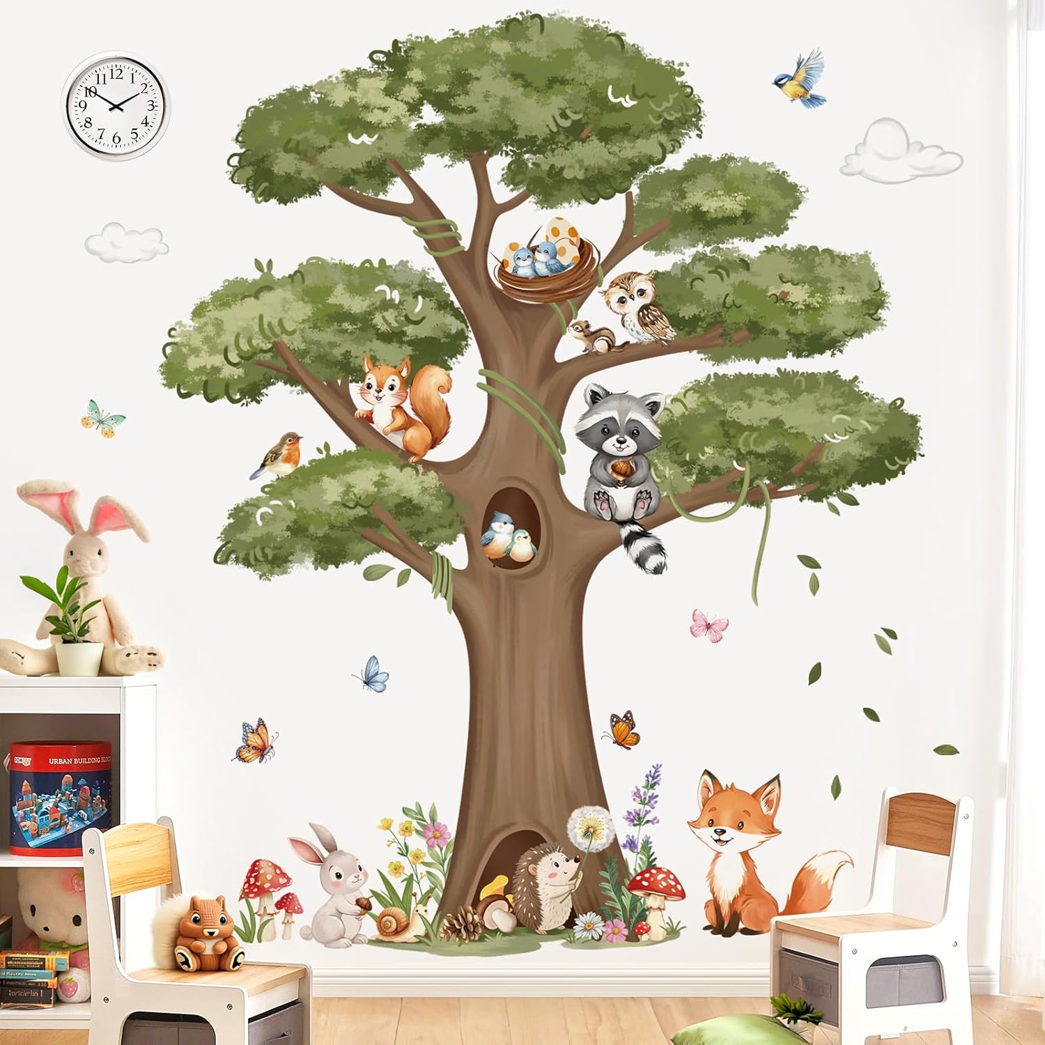 Woodland Animals Large Tree Wall Stickers Forest Animal Fox Rabbit Hedgehog Wall Decals Kids Room