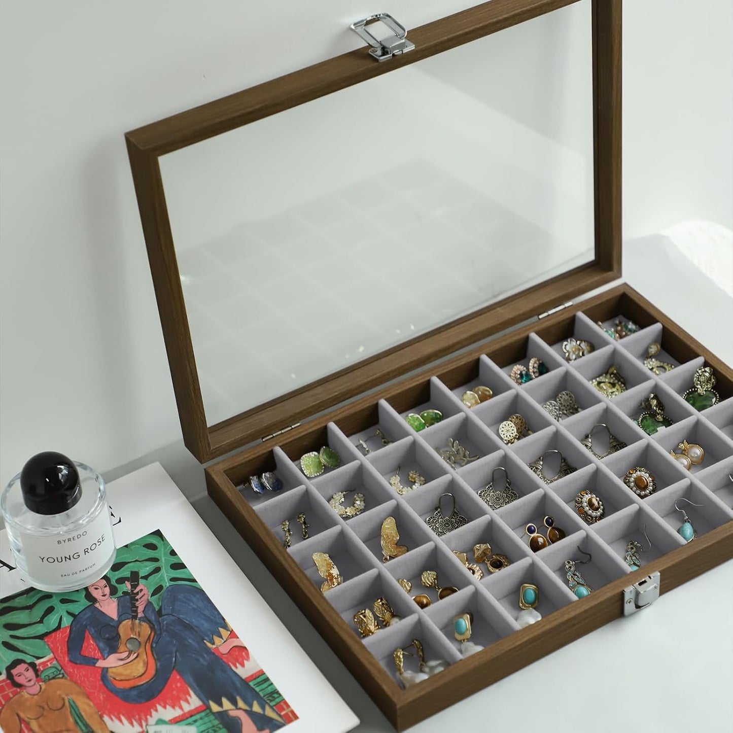 40 Grid Wood Jewelry Organizer / Grey / Set of 40