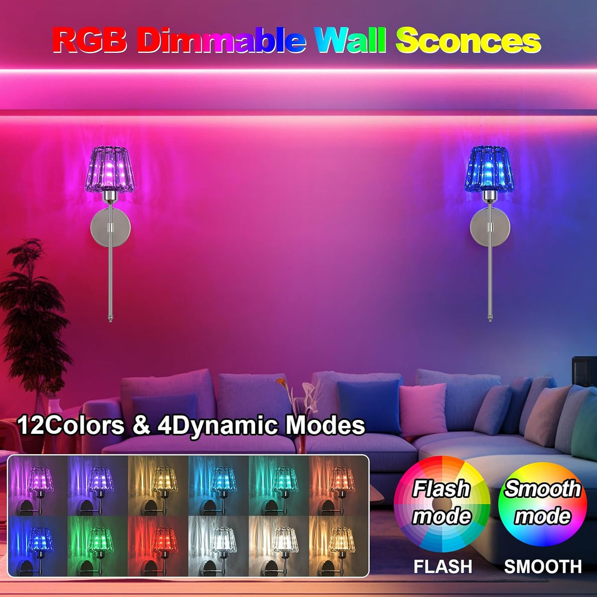 Battery Operated Crystal Wall Sconce Set of 2, Chrome Rechargeable Wireless Wall Sconces with Remote Dimmable 12 Colors
